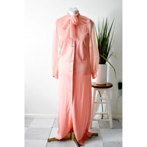 Lilli Diamond Maxi Dress Womens L Peach 70s Sheer Sleeve Bow Tie Rhinestone
